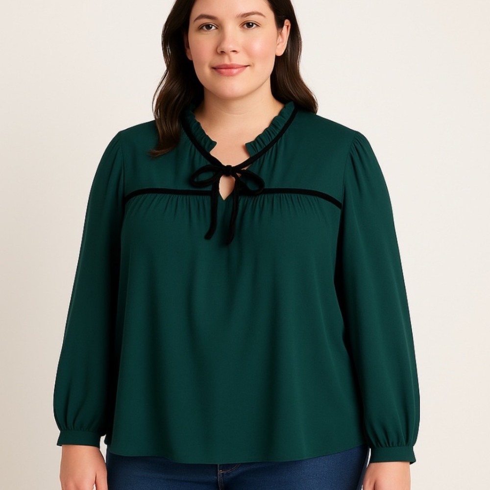 J Crew Green‎ Velvet Tie Neck Top Blouse Womens Size 2X Style BM008 Black Ruffle